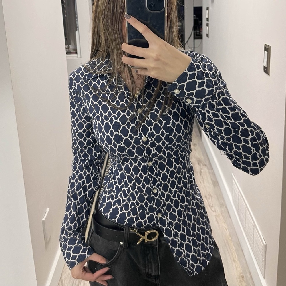 Blue Pattern Button Up Blouse - Picture 2 of 2